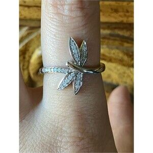 Natural White Diamond Sterling Silver Dragonfly Ring Size 8.75